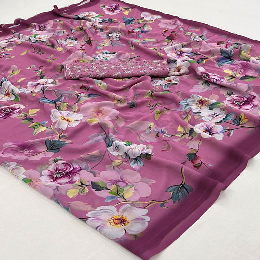 Purple Floral Digital Printed Georgette Saree