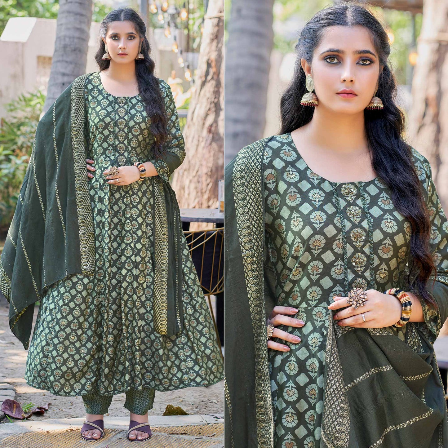 Grey Anarkali Chanderi Silk Suit With Hancrafted & Foil Print