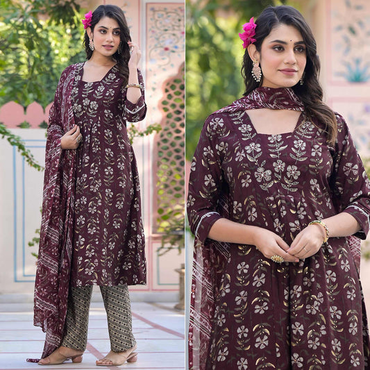 Wine Anarkali Chanderi Silk Suit With Hancrafted & Foil Print