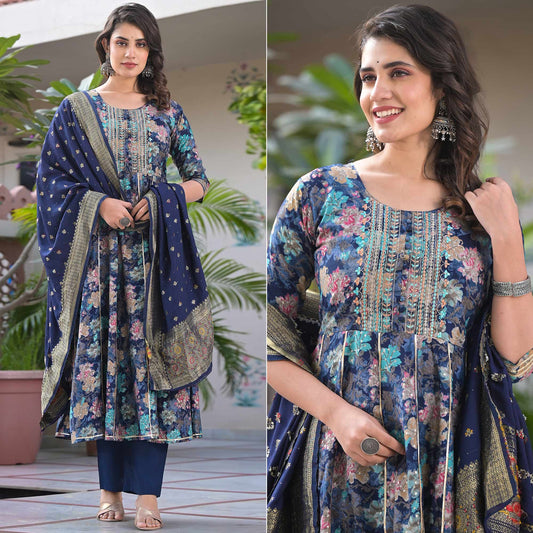 Navy Blue Floral Foil Printed Chanderi Silk Anarkali Salwar Suit