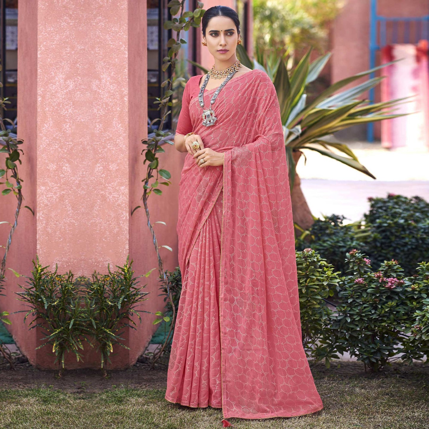 Gajari Pink Foil Printed With Swarovski Work Chiffon Saree