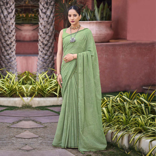 Pista Green Foil Printed With Swarovski Work Chiffon Saree