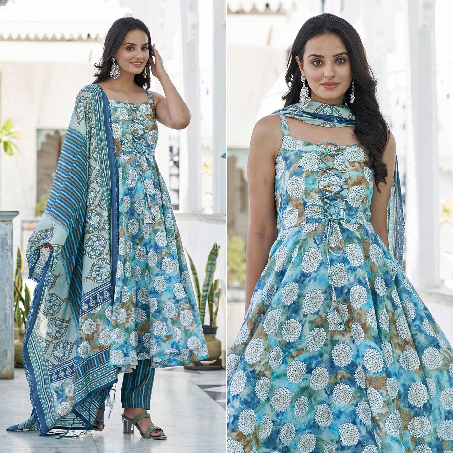 Blue Printed Anarkali Style Chanderi Suit