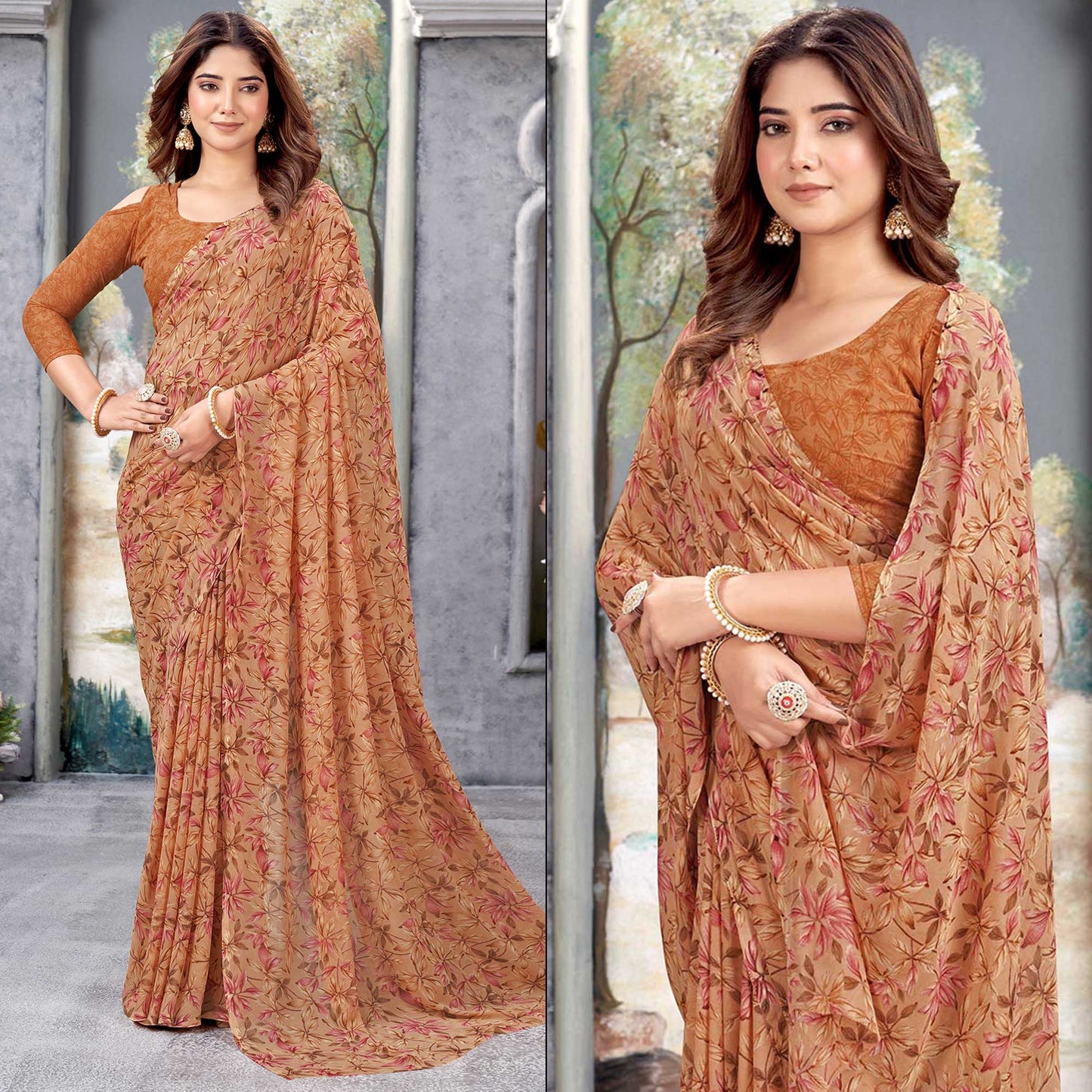 Rust Floral Printed Georgette Saree