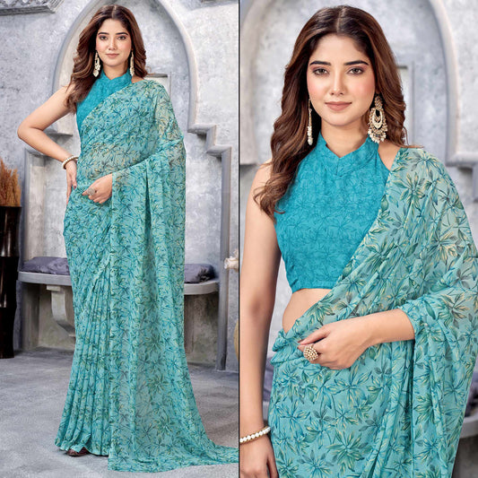 Blue Floral Printed Georgette Saree