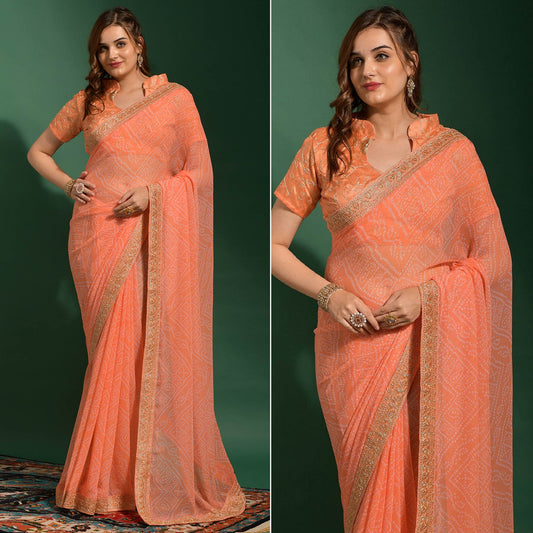 Peach Bandhani Printed Georgette Saree With Embroidered Border