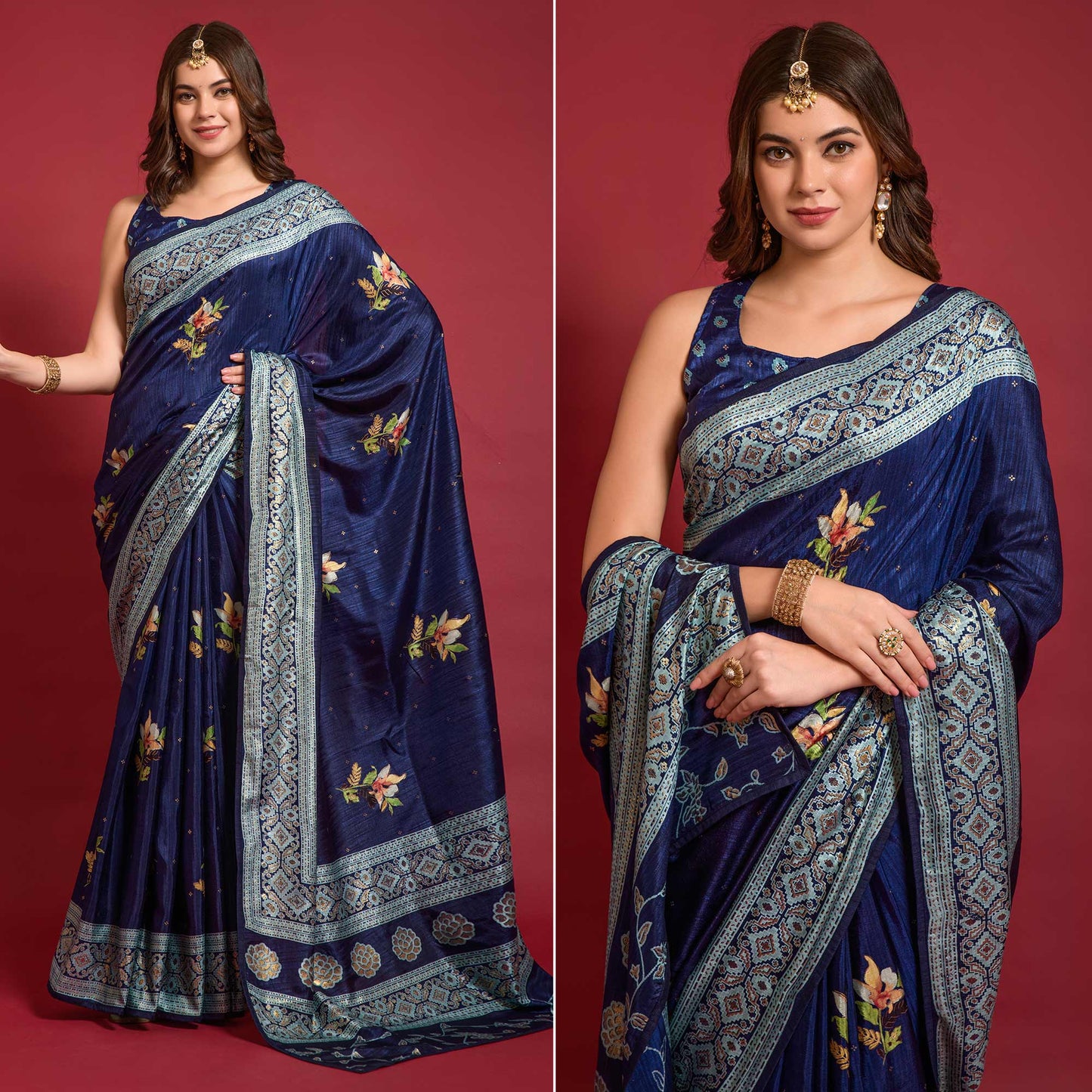 Blue Floral Foil Printed Art Silk Saree