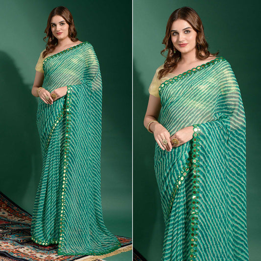 Green Leheriya Printed With Embroidered Border Chiffon Saree