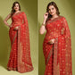 Red Bandhani Foil Printed Georgette Saree With Embroidered Border