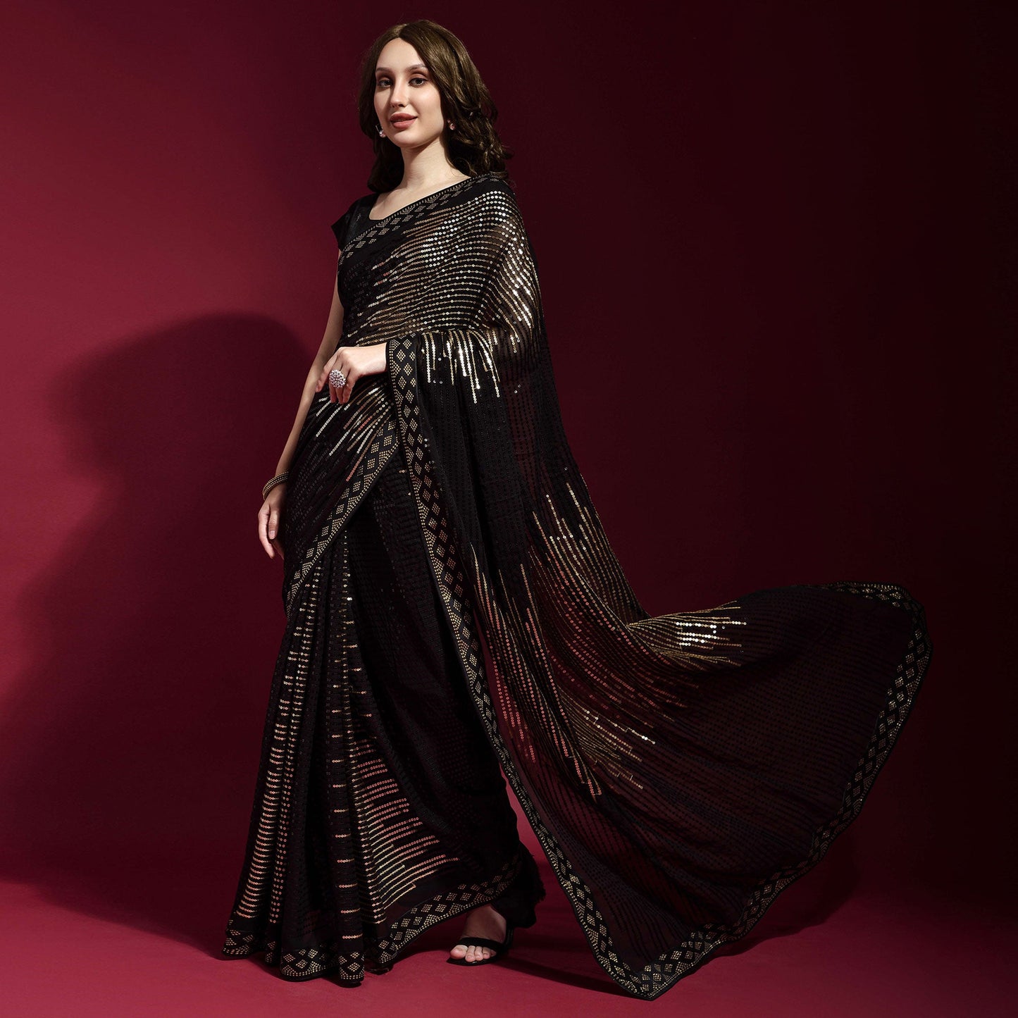 Black & Golden Sequins Embroidered Georgette Saree