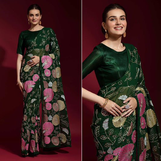 Green Floral Sequins Embroidered Georgette Saree