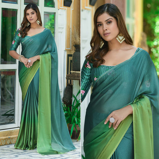 Green Solid Chiffon Saree With Tassels