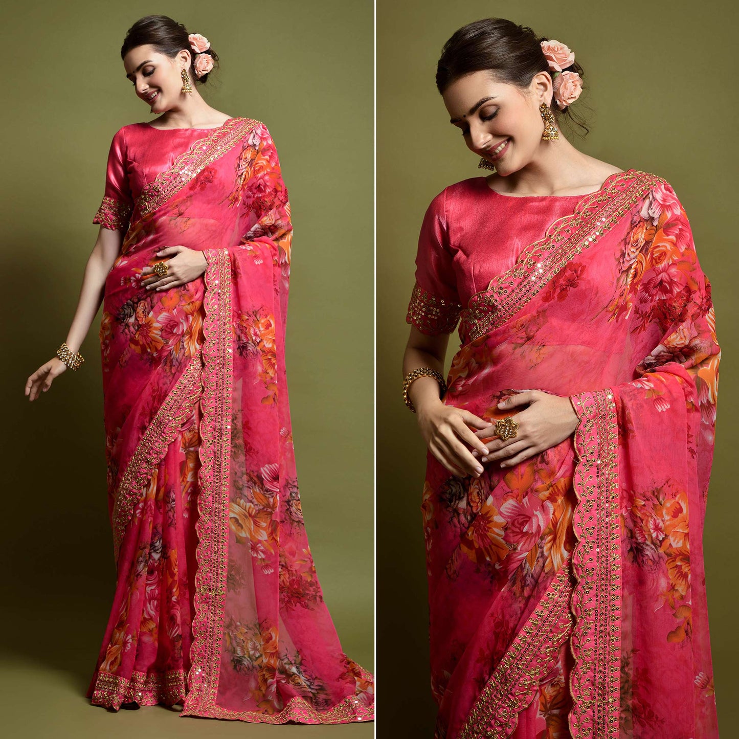 Pink Floral Printed Georgette Saree With Embroidered Border