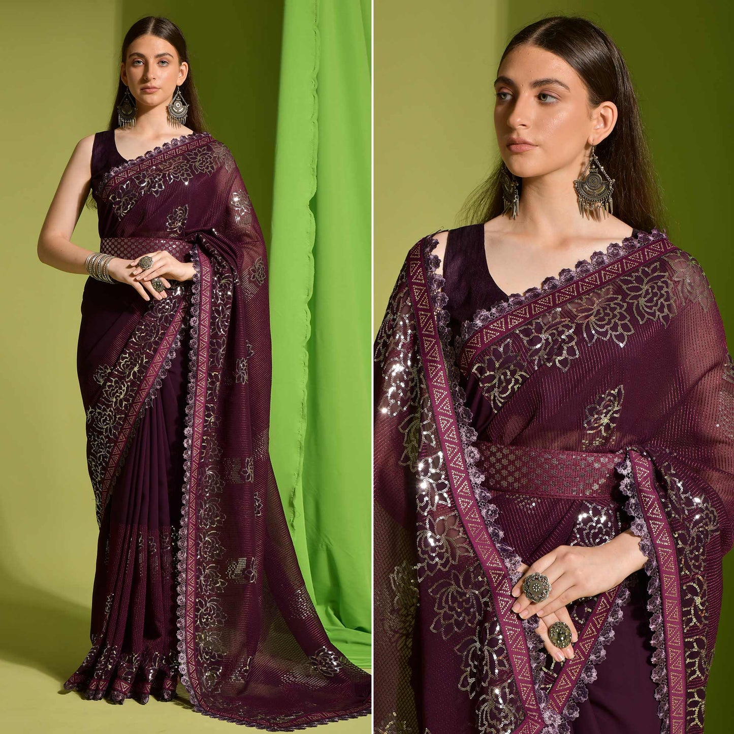 Wine Sequins Embroidered Georgette Saree