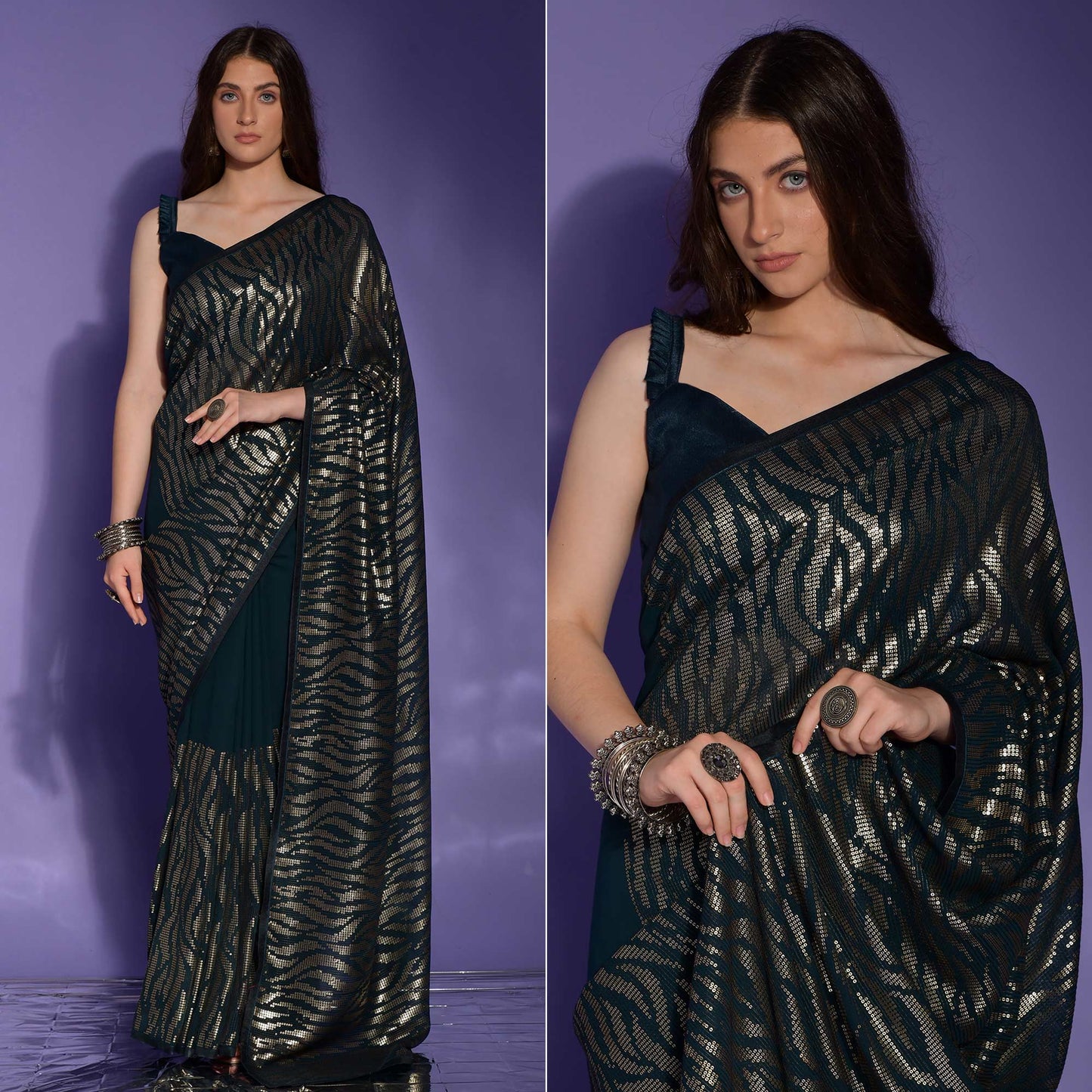 Morpich Sequins Embroidered Georgette Saree