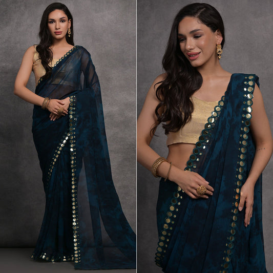 Blue Printed With Mirror Work Georgette Saree