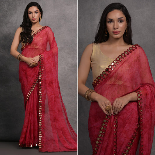 Maroon Printed With Mirror Work Georgette Saree