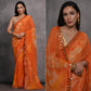 Orange Printed With Mirror Work Georgette Saree