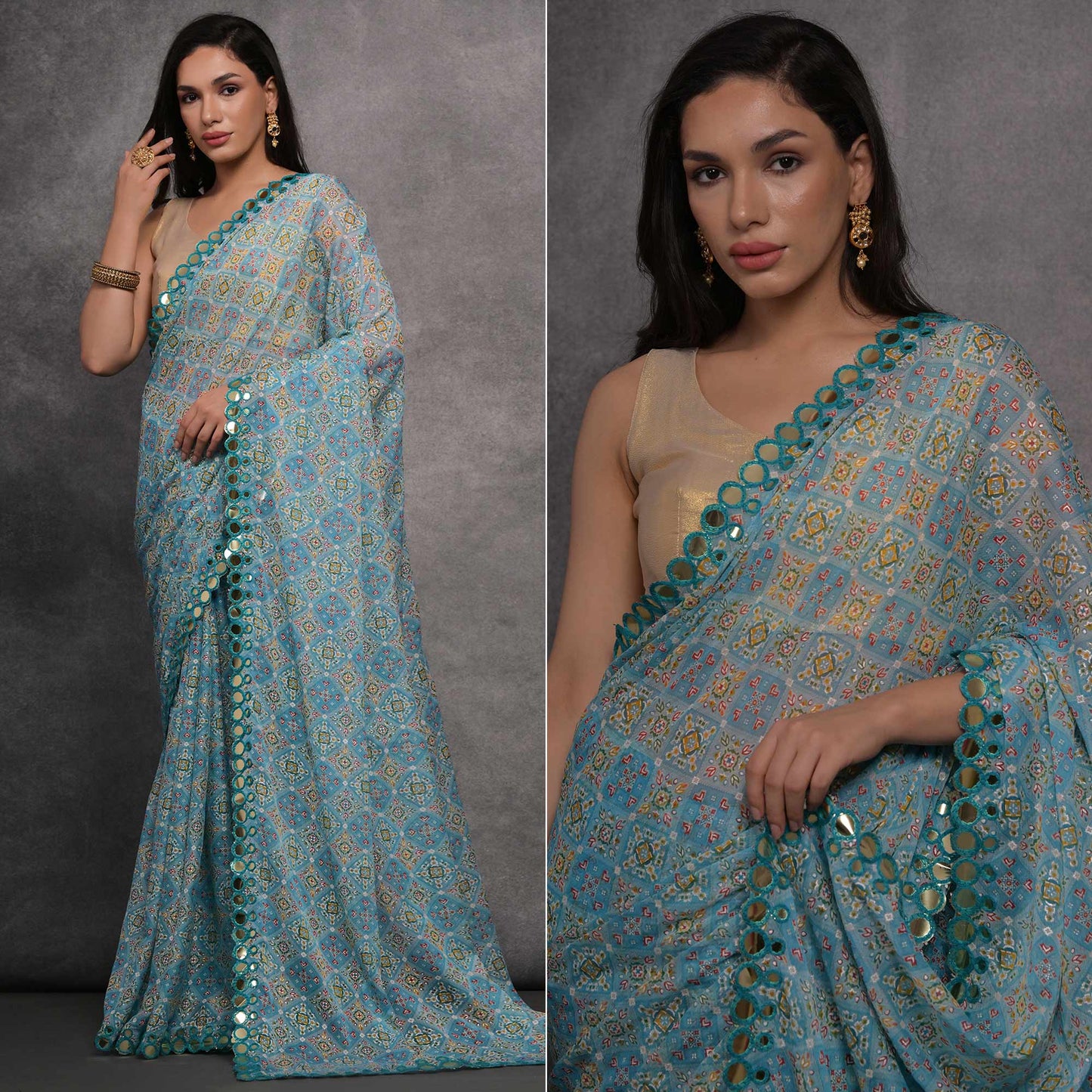 Blue Foil Printed With Mirror Work Georgette Saree