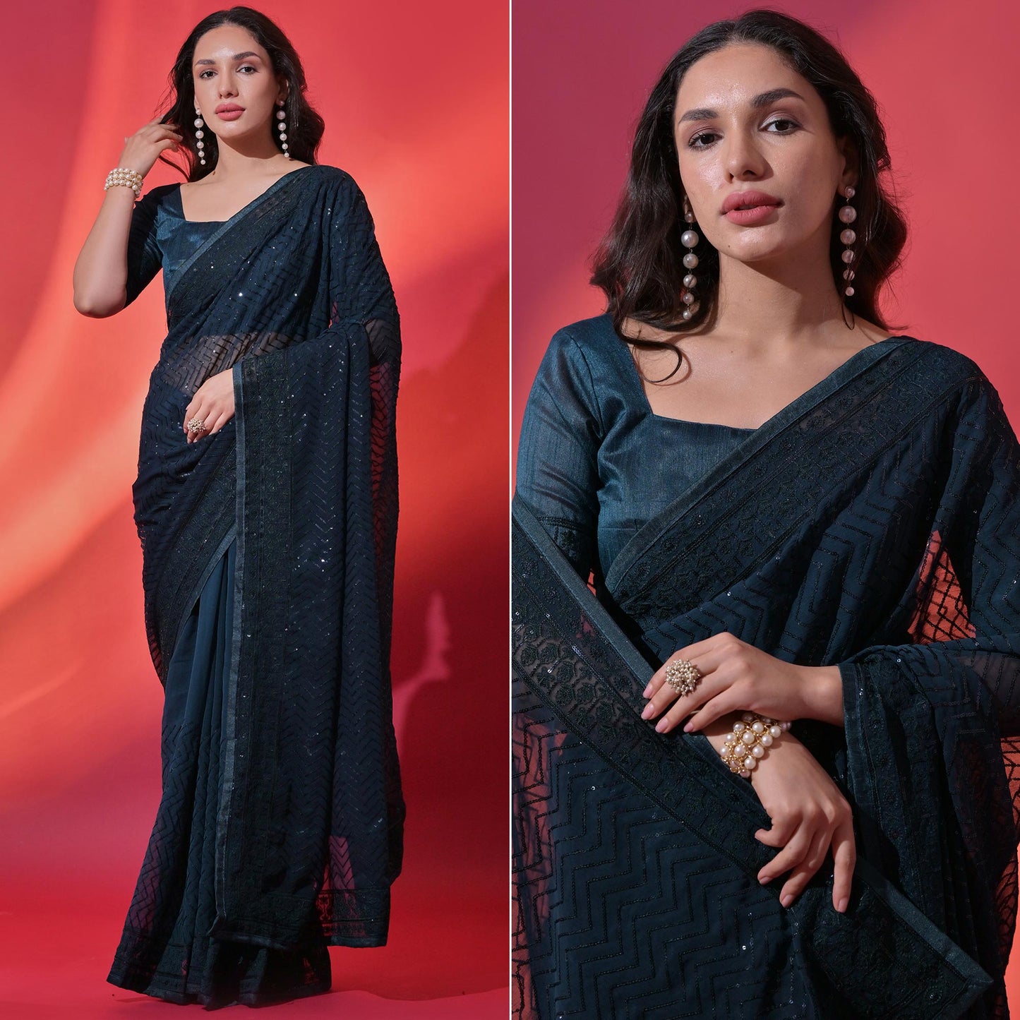 Teal Sequins Embroidered Georgette Saree