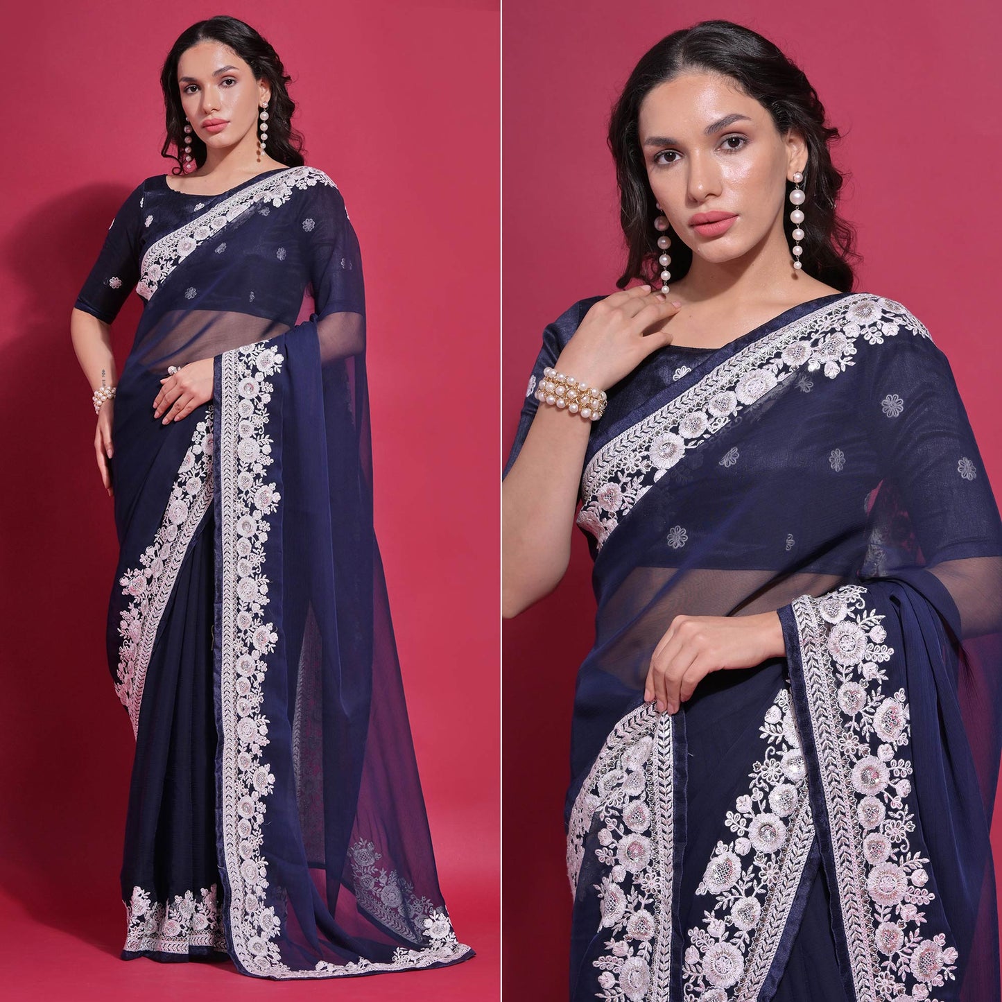 Navy Blue Embroidered Georgette Saree