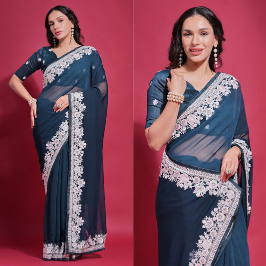 Teal Embroidered Georgette Saree