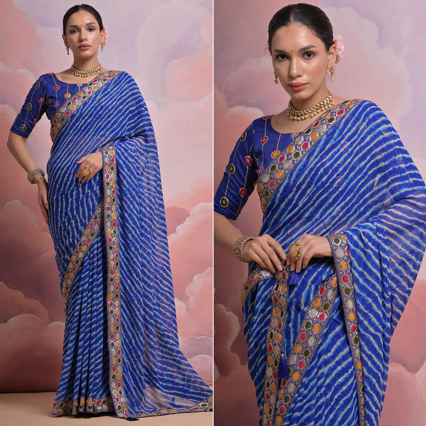 Blue Leheriya Printed With Embroidered Border Georgette Saree