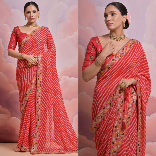 Red Leheriya Printed With Embroidered Border Georgette Saree