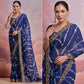 Blue  Printed With Embroidered Border Georgette Saree