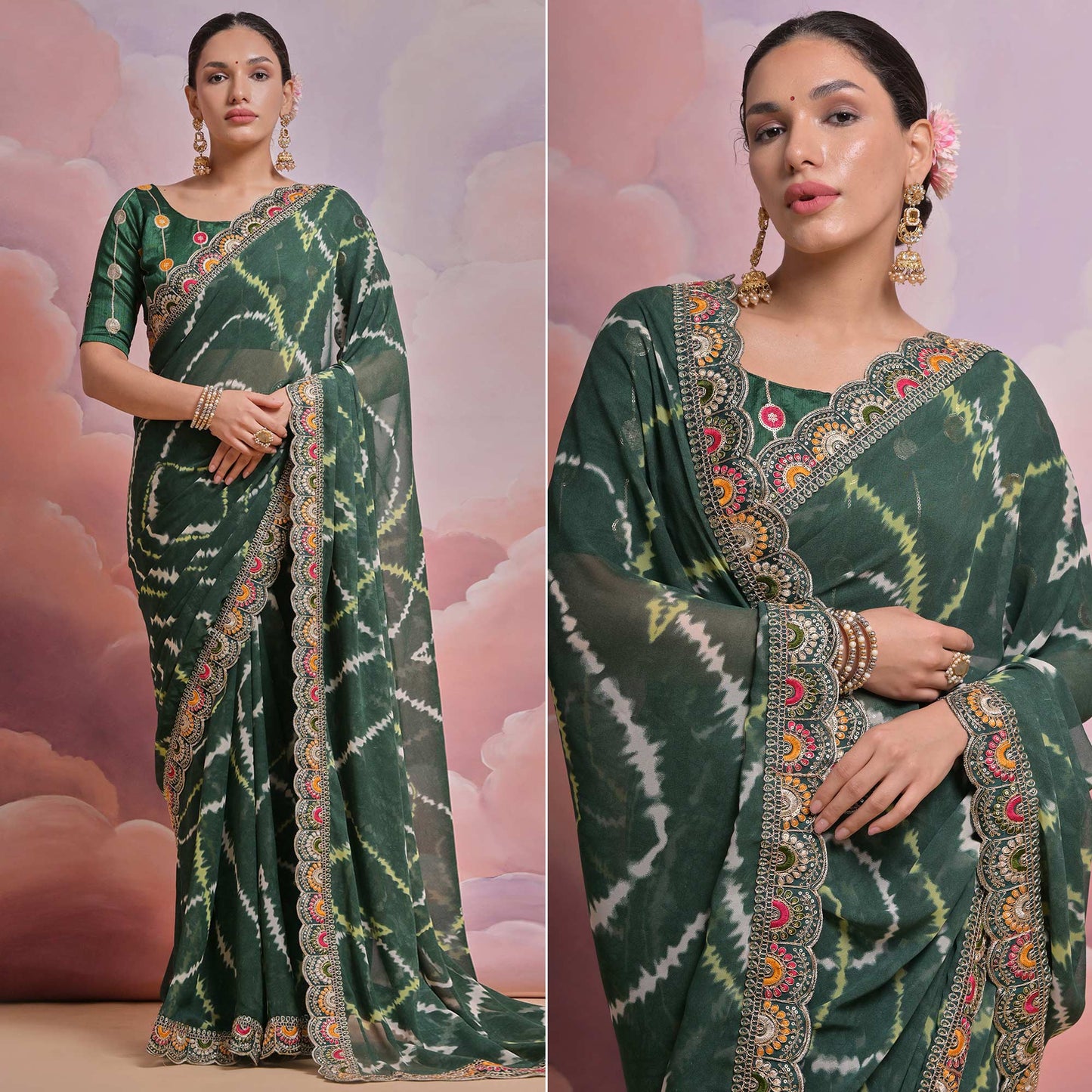 Green  Printed With Embroidered Border Georgette Saree