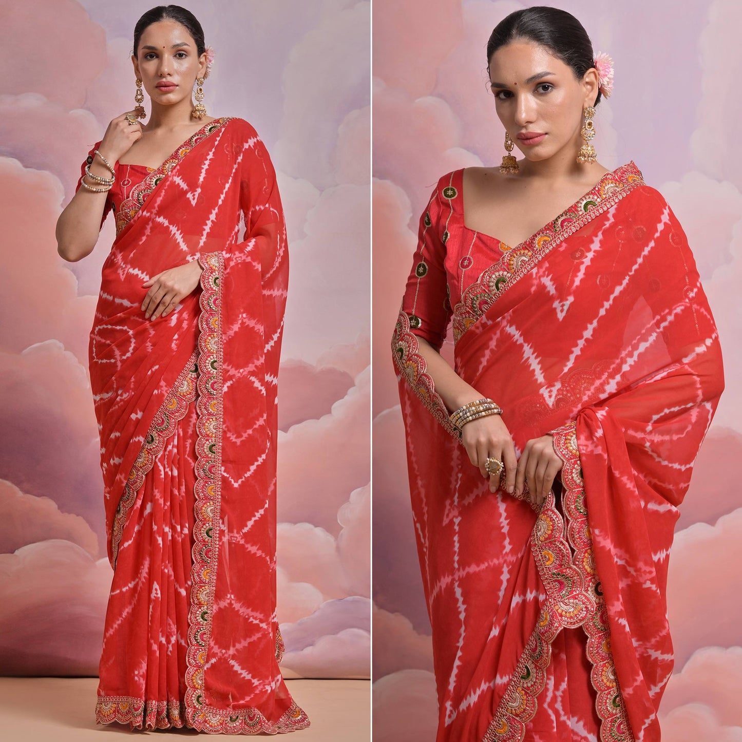 Red  Printed With Embroidered Border Georgette Saree