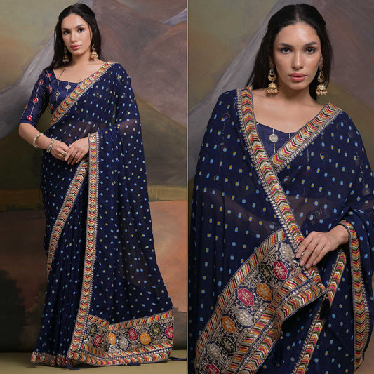 Blue Bandhej Printed Georgette Saree With Tassels