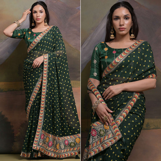 Green Bandhej Printed Georgette Saree With Tassels