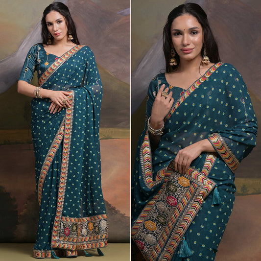 Teal Bandhej Printed Georgette Saree With Tassels