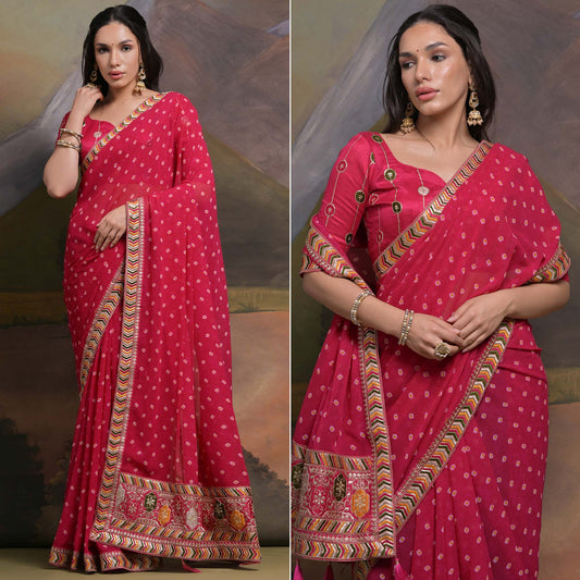 Pink Bandhej Printed Georgette Saree With Tassels