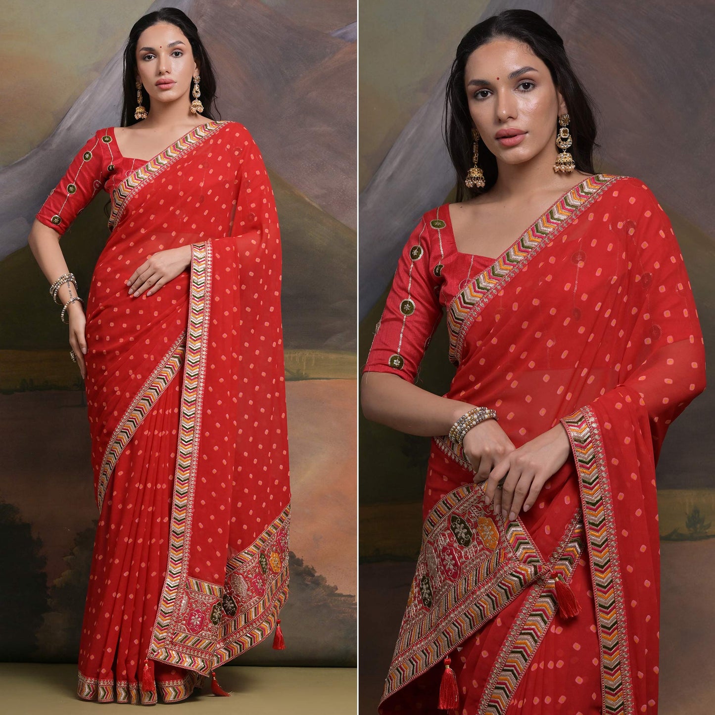 Red Bandhej Printed Georgette Saree With Tassels