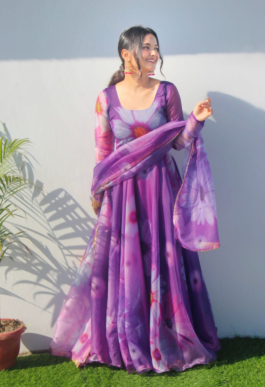 Purple 🌟 Opulent Organza Silk Gown with Digital Print and Handwork 🌟