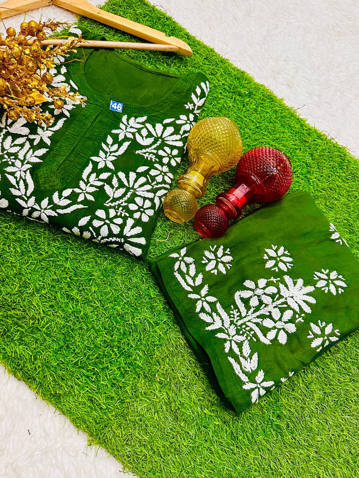 Green 🌼 Lucknawi Chikankari Heavy Work Rayon Ensemble 🌼