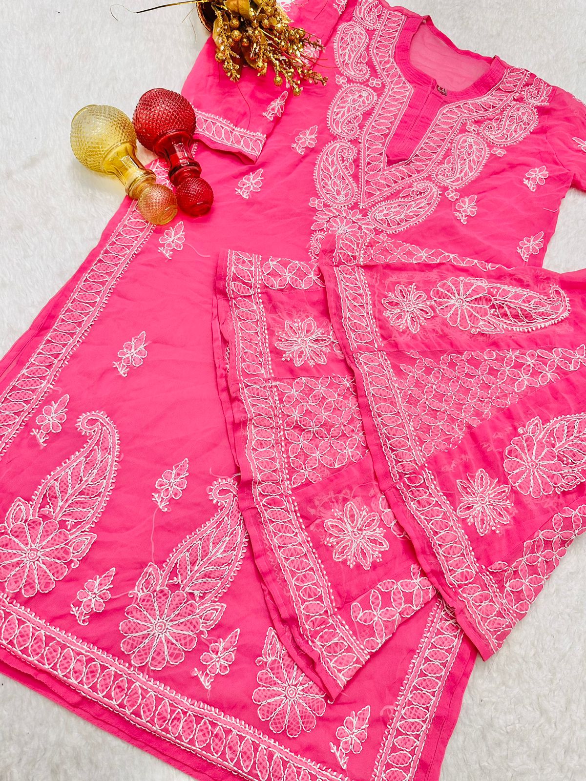 Bright Pink Lucknawi Chikankari Georgette Kurti and Sharara Set , Dupatta and Inner Included