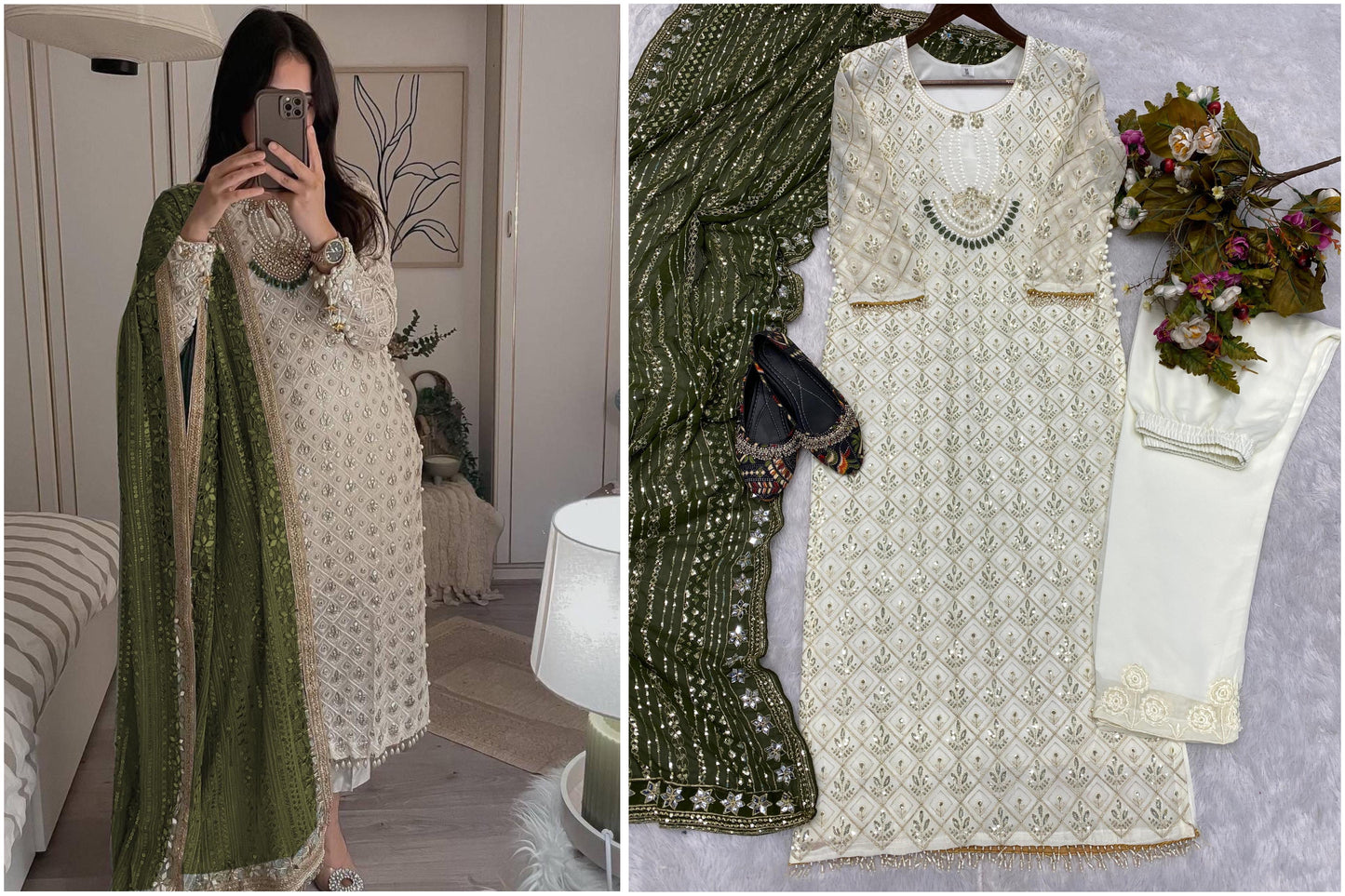 Glittering Charm:  Georgette Sequined Embroidered Top and Pant Set with Olive Dupatta