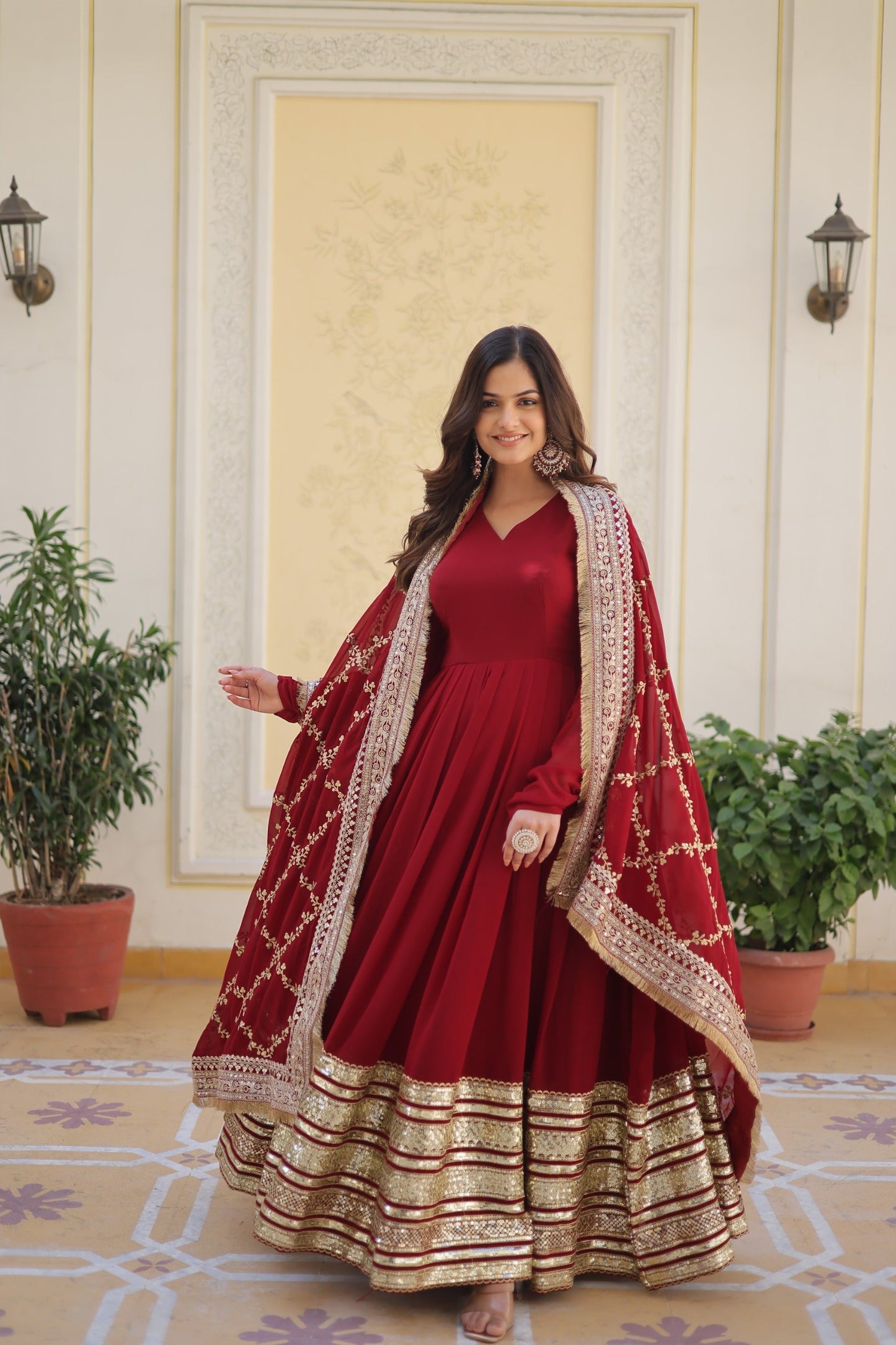 Maroon Embroidered Gown ensemble Limited Stock