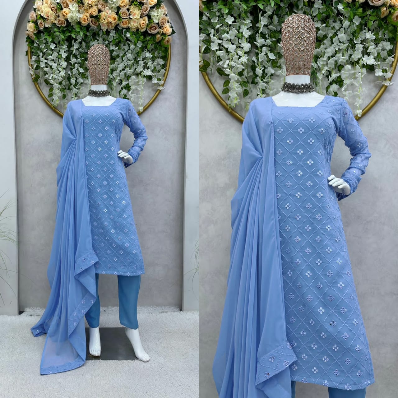 Blue Elegant Georgette Designer Suit Set 3 pc