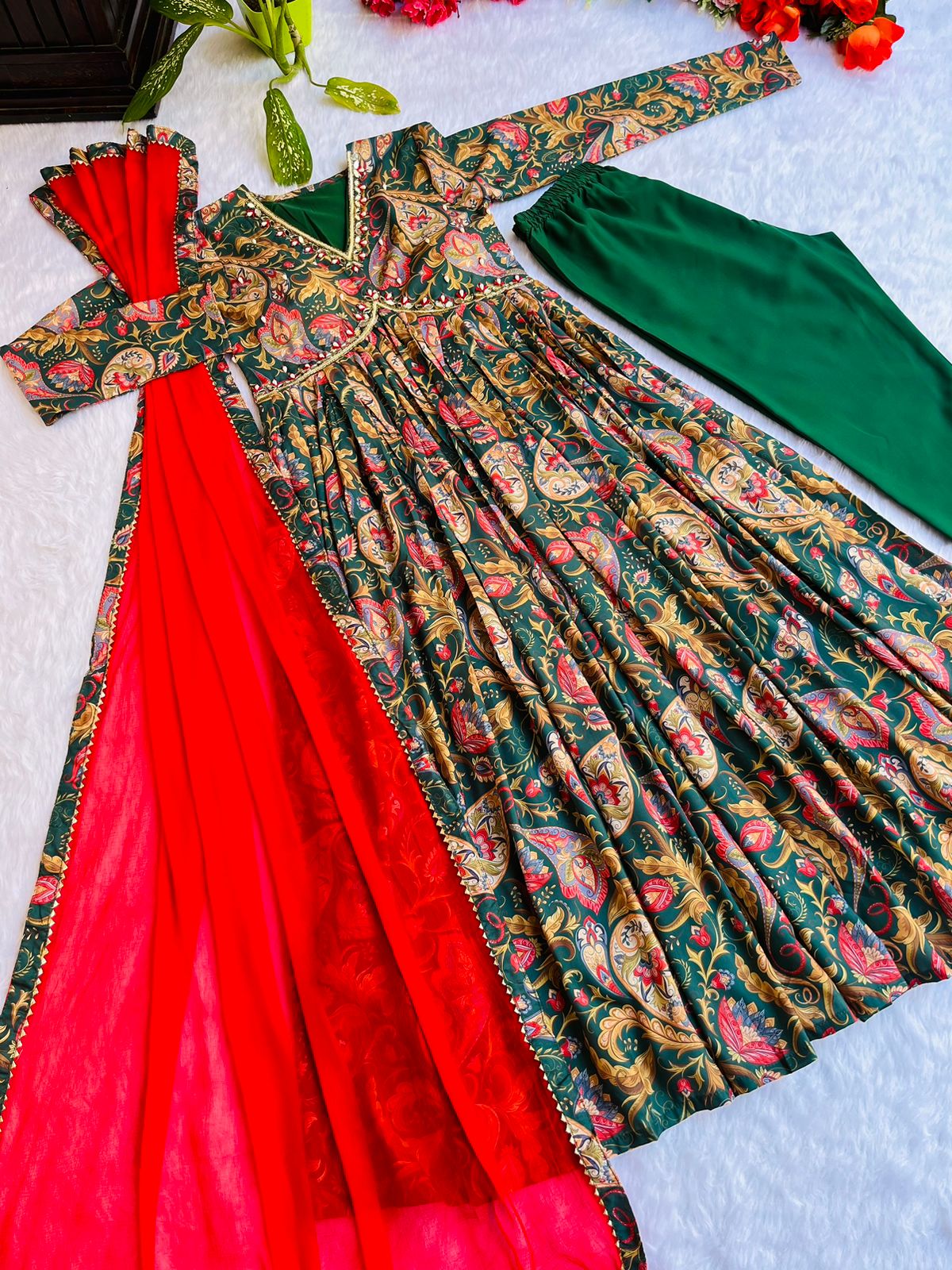 Green Red Boho Floral Special: Aliya Cut Dresses with Dupatta and Pant! 🌺🌺