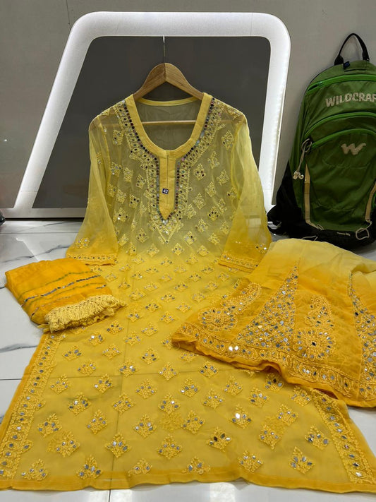 Mustard Chikankari Elegance Ombré Mirror Booti Jaal Set - Kurti, Sharara & Dupatta -(Inner Included)