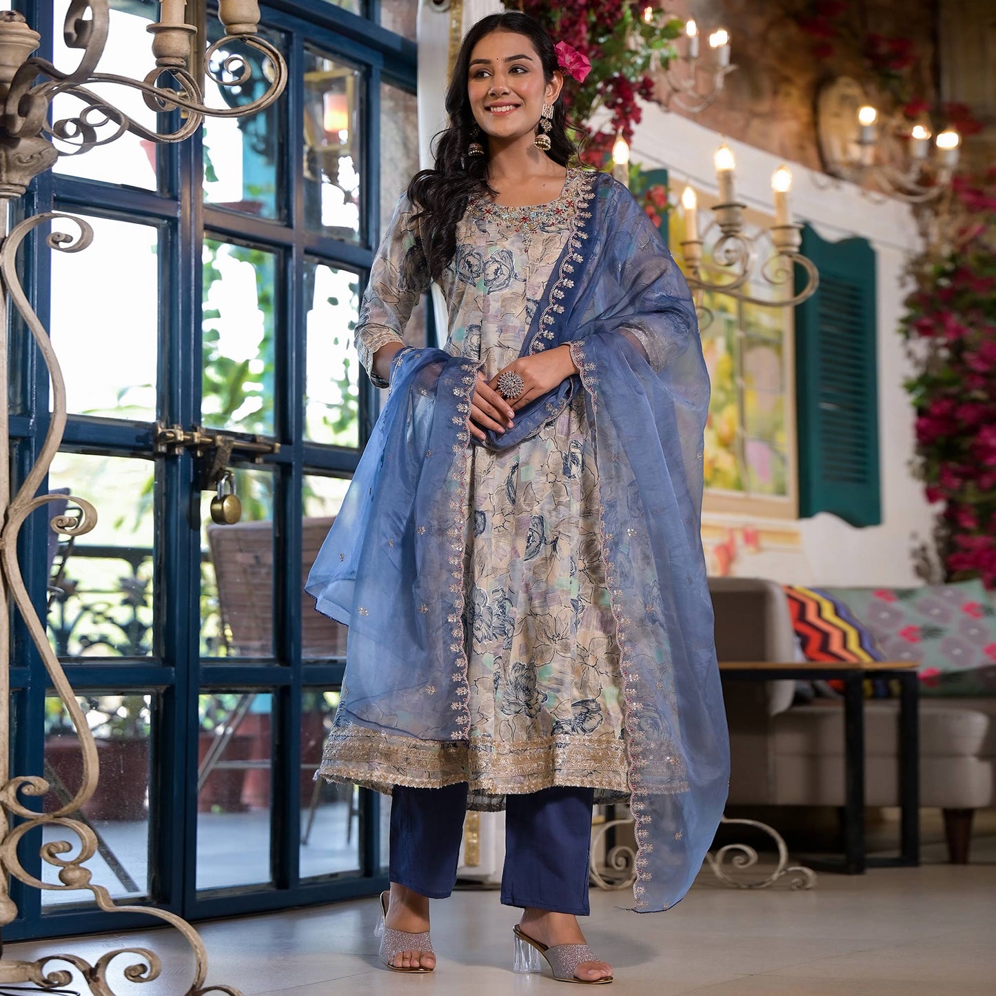 Chikoo & Blue Floral Foil Printed Mulmul Cotton Anarkali Salwar Suit