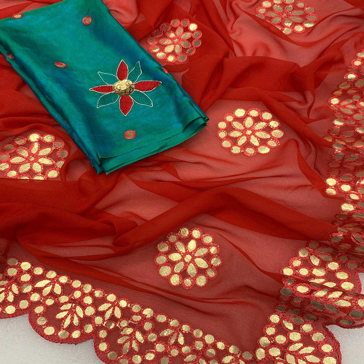 Red Embroidered Georgette Saree With Gota Patti Work