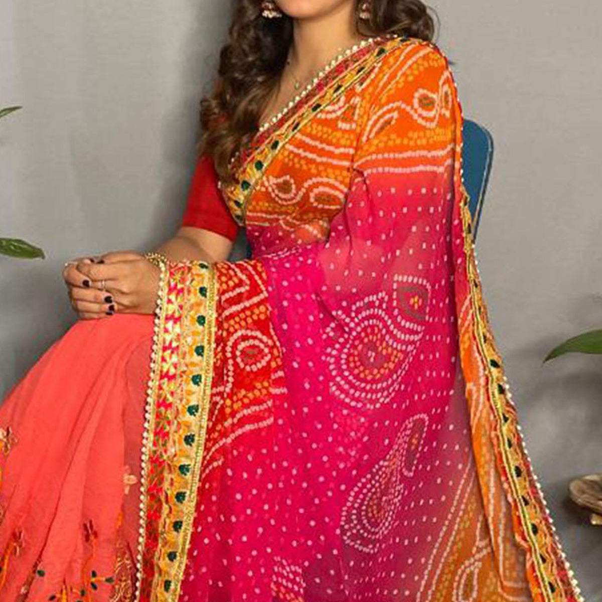 Peach & Pink Bandhani Printed Chiffon Half & Half Saree