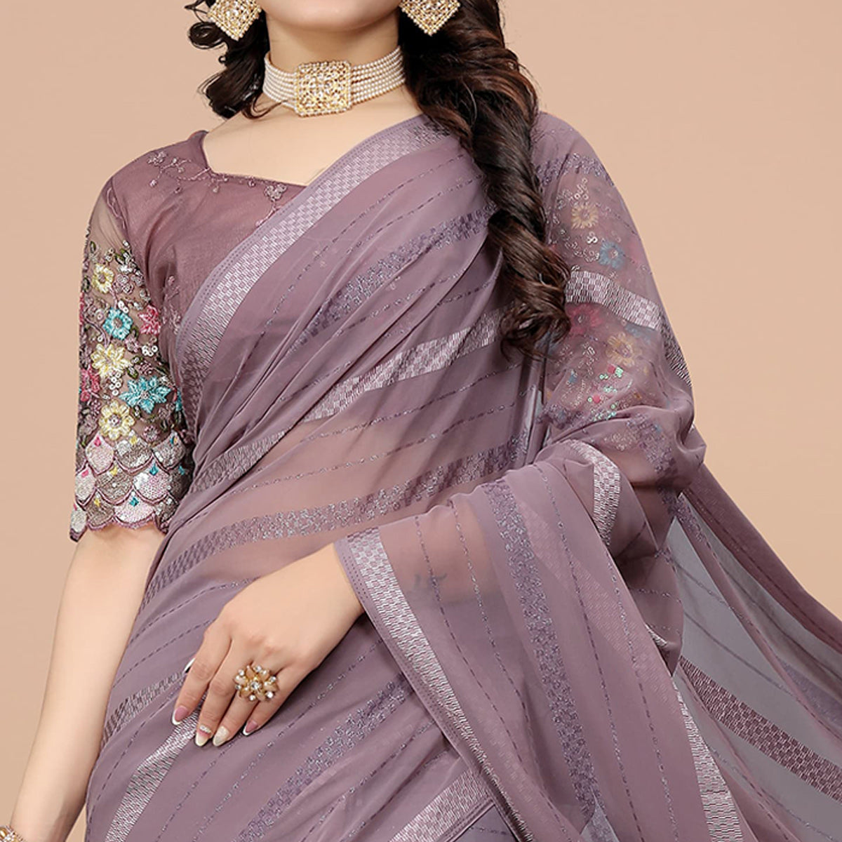 Dusty Purple Zari Woven Georgette Saree With Tassels