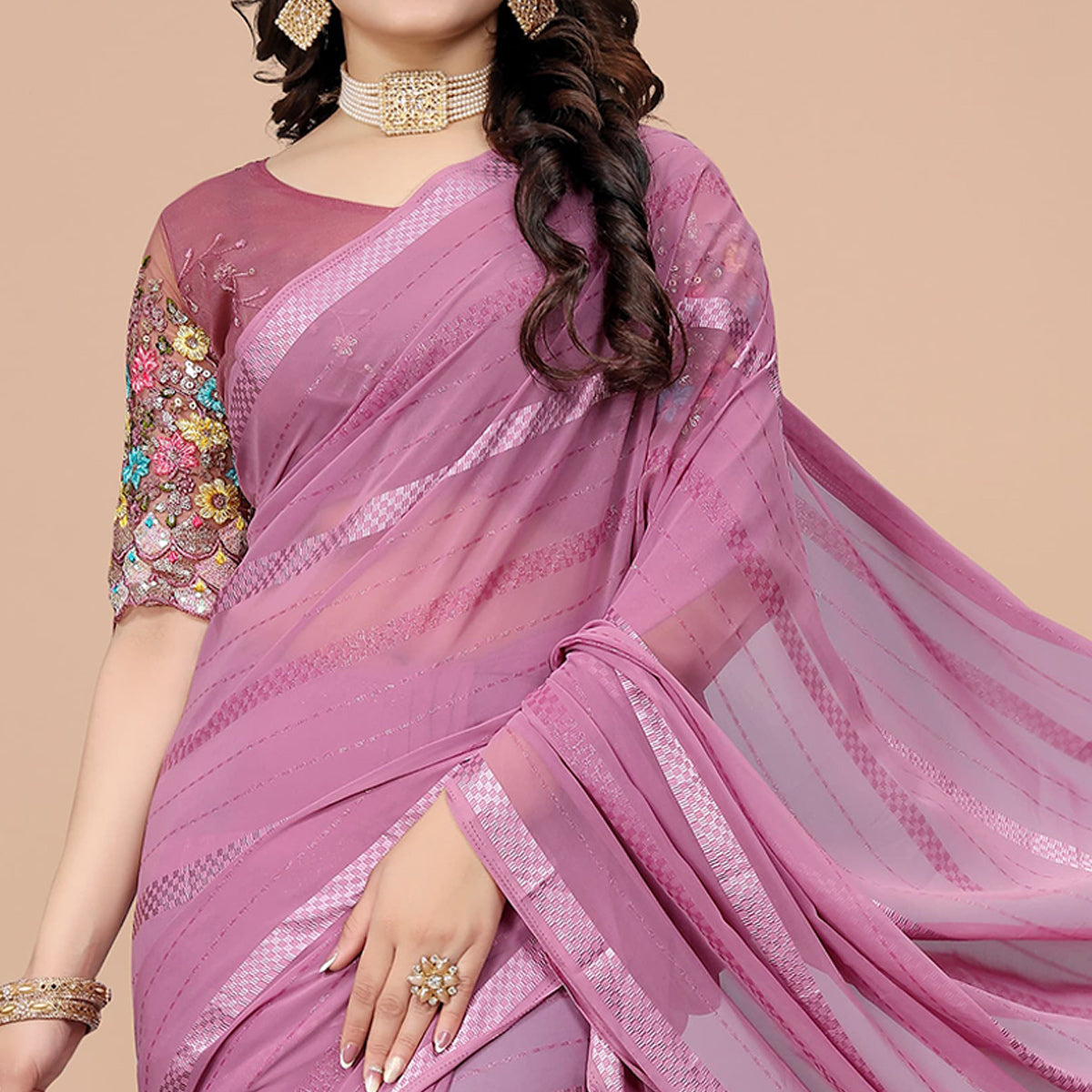 Pink Zari Woven Georgette Saree With Tassels