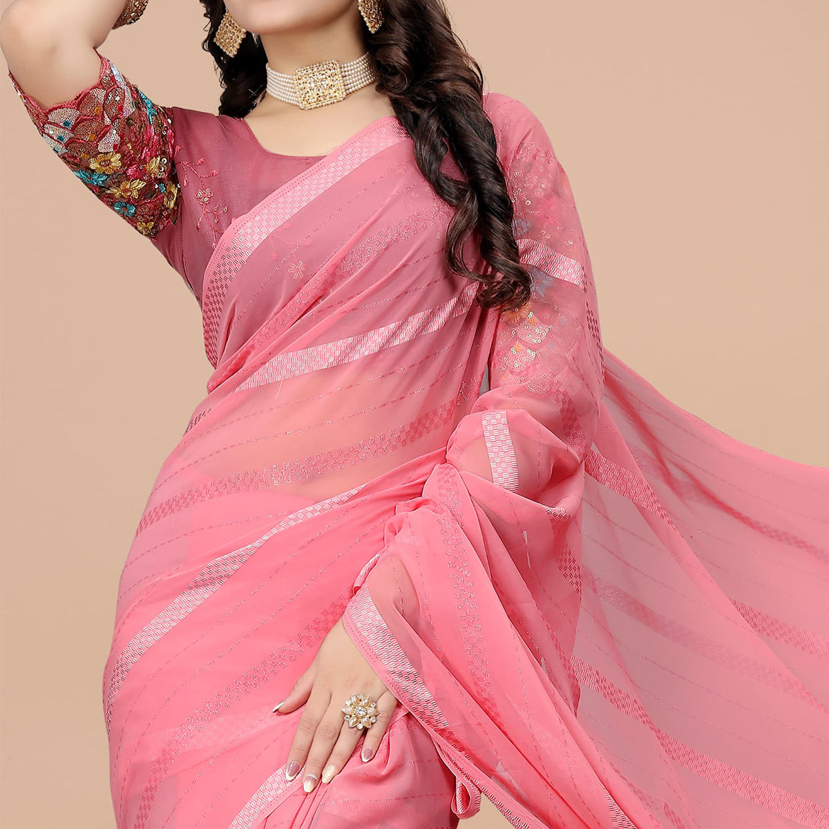 Rose Pink Zari Woven Georgette Saree With Tassels